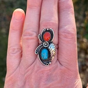 Vintage Henry Mariano_ Navajo _Silver Turquoise & Coral Feather Leaf Ring Sz 10